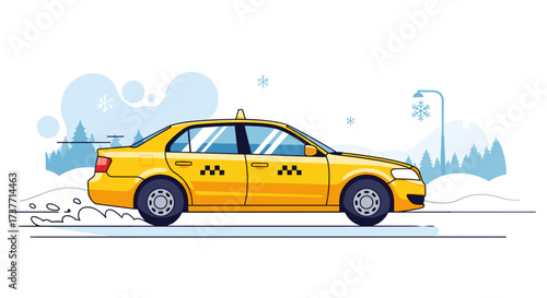 Yellow taxi driving on a snowy road in a winter landscape