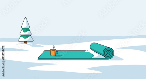 Yoga mat on snow with a warm cup in a serene winter landscape