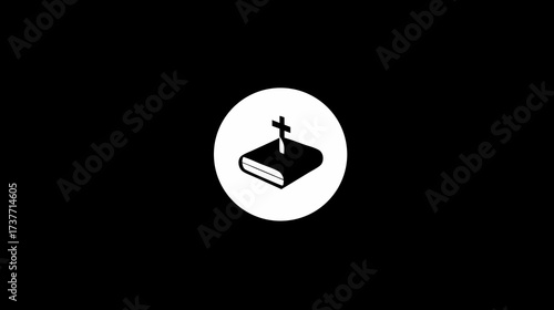 Christian faith symbol: white icon of a Bible with a cross on a black background, representing religion, spirituality, and scripture.