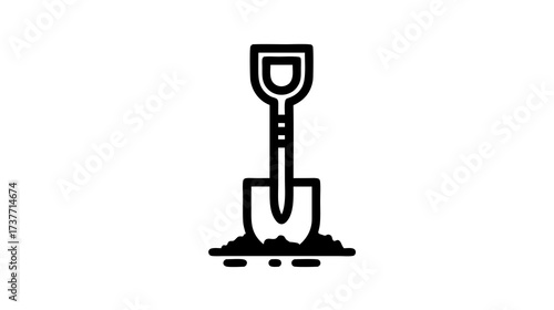 Outline vector icon of a garden shovel standing upright in a pile of dirt or soil, symbolizing digging, gardening, construction, and excavation work