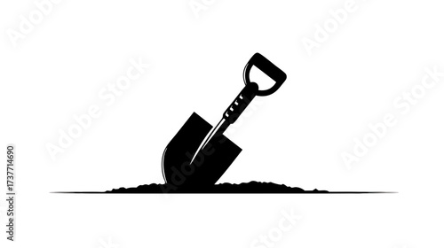 Black silhouette of a shovel digging into earth, minimalist vector icon. Work, gardening, construction, or excavation tool concept.