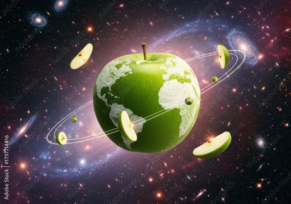 Naklejka premium A green apple with a map of the earth on it, surrounded by orbiting apple slices and stars in the vastness of space
