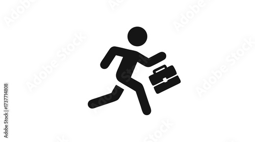 Running businessman icon with briefcase, rushing to work, deadline, or success. Professional in a hurry, black silhouette on white.