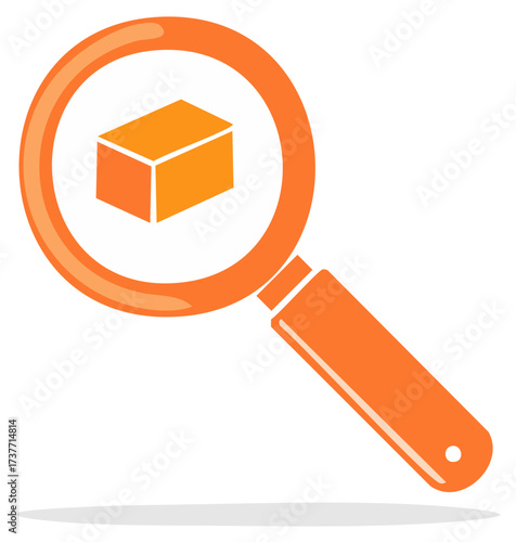 Magnifying glass examining an orange three dimensional cube shape