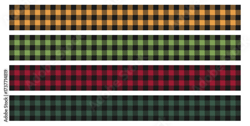 Christmas vichy pattern border. Seamless cute gingham print frame for xmas background. Vintage scrapbook tape in red and green. Flannel kitchen loincloth for thanksgiving holiday vector illustration