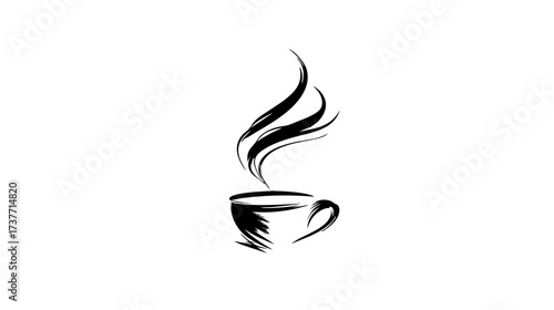 Artistic brushstroke vector illustration of a steaming hot coffee cup, minimalist black and white graphic design.