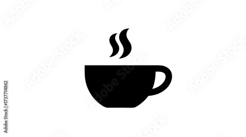 Steaming hot coffee cup silhouette icon on white background, minimalist black graphic design element for cafe, drink menu or web
