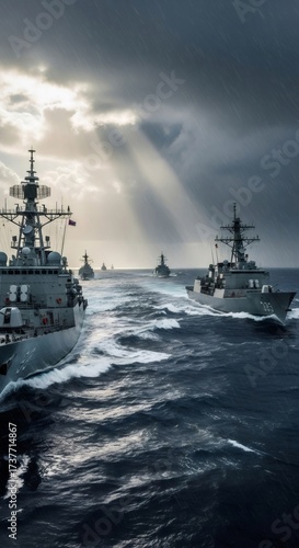 Naval warships sailing on dark blue sea under dramatic cloudy sky with sun rays shining through, combat fleet for military defense.