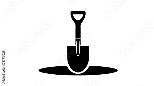 Black silhouette icon of a shovel digging into the ground. Simple graphic tool for gardening, construction, or excavation concept.