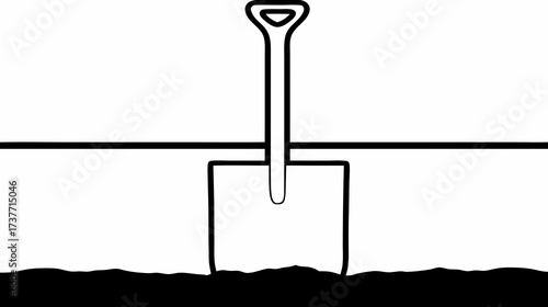 Simple black and white line art vector icon of a shovel digging into the ground or soil, representing gardening, construction, or excavation work.