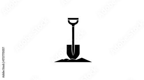 Black silhouette icon of a shovel digging into a pile of earth or soil, representing gardening, construction, and hard work concept.