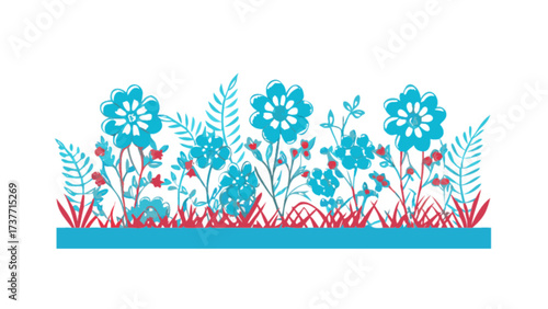 Vector graphic of turquoise flowers and red accents in a garden landscape design