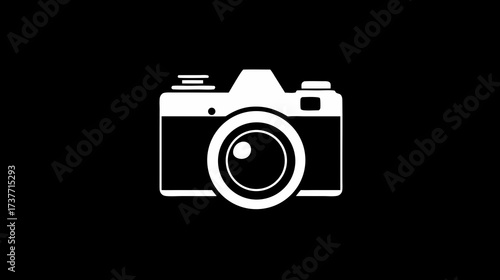 White outline camera icon on black background, photography symbol, digital multimedia technology, photo camera logo design element, creative picture taking concept.