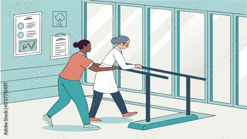 Physical therapy rehabilitation exercise with therapist assisting patient recovery care