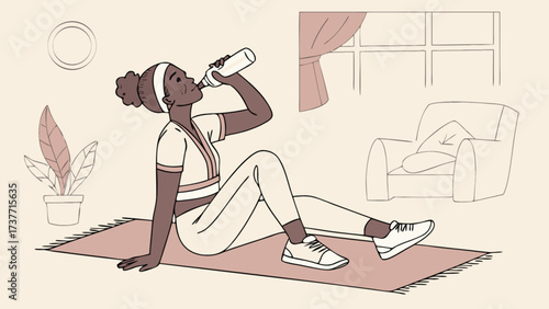 Illustration of woman drinking water after workout fitness exercise at home studio