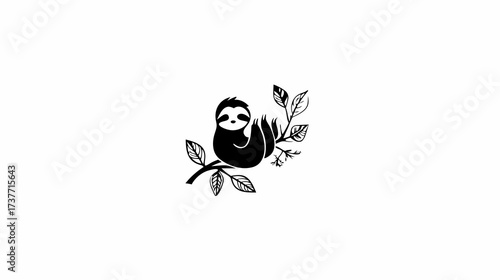 Sweet and adorable black and white cartoon baby sloth illustration hanging from a tree branch with leaves. Cute jungle animal vector.