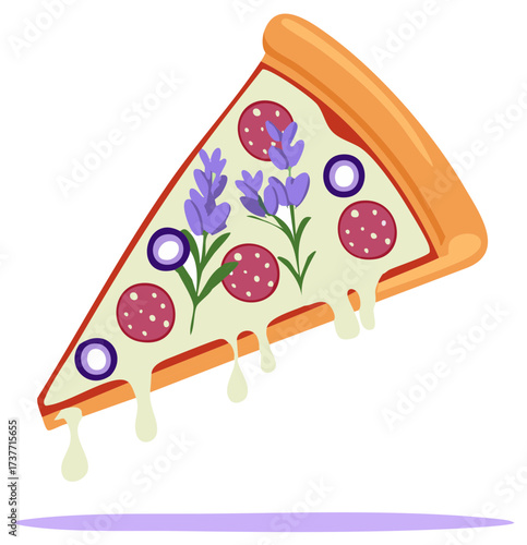 Surreal pizza slice with lavender flowers, pepperoni, and melting cheese creative food illustration