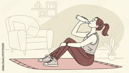 Illustration of woman drinking water after workout routine at home for healthy lifestyle
