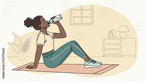 Woman drinking water after workout at home fitness hydration exercise wellbeing concept