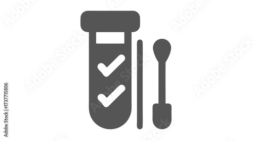 Medical diagnostic test tube icon with checkmarks and swab, laboratory analysis and successful health results
