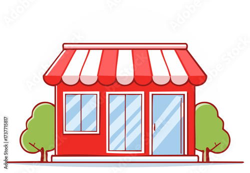 Small red shop with striped awning, two trees. Business storefront with glass windows and door cartoon illustration.