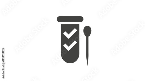 Medical test tube icon with two checkmarks and a swab, symbolizing positive test results or completed lab analysis. Health diagnostic symbol.