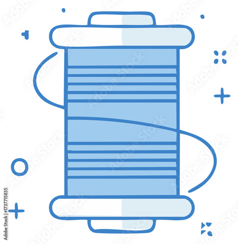 Stylized light blue thread spool icon with loose thread, simple craft and design element