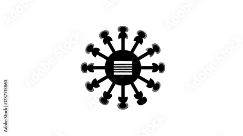Abstract radial network icon, central menu symbol, radiating arrows. Depicts distribution, connection, spread, communication, decentralization.