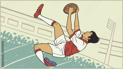 Illustration of rugby player catching the ball in mid air at a rugby stadium field