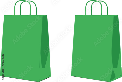 Green paper shopping bags with handles, eco-friendly gift packaging, retail merchandise bags, recyclable kraft paper bags for sustainable use