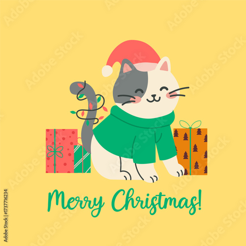 Merry christmas holiday cat  background with festive sweater and gifts
