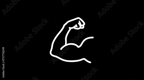 Minimalist white line drawing of a strong arm flexing a bicep on a black background. Concept of power, strength, fitness, and health.