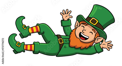 Happy cartoon leprechaun falling, Irish folklore character, St. Patrick’s Day mascot, green suit, rainbow socks, lucky charm, festive illustration