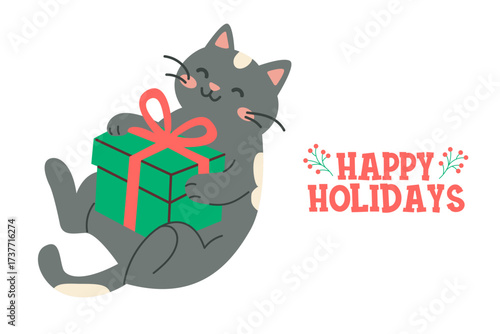 Happy holidays christmas cat background with festive gift