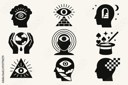 Minimalist icon set representing spiritual symbols such as lotus flower, meditation pose, yin-yang, eye of awareness, light rays, moon, and sacred geometry.