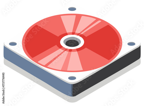 Isometric illustration of red CD or DVD disc sitting on a device