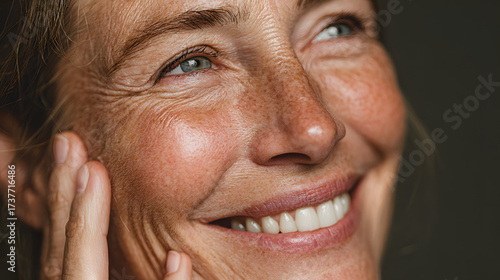 happy smiling pretty shy 50s middle aged woman laughing cheerful mature lady touching healthy soft face skin anti age healthy skincare treatment and cosmetic ads face close up view portrait no logos