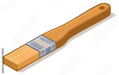 Flat paintbrush with wooden handle and silver ferrule for painting and crafts