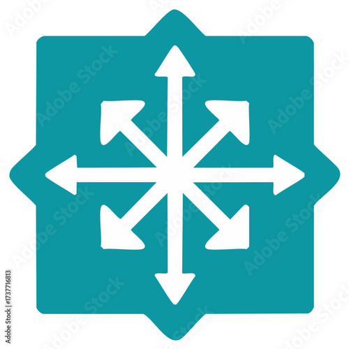 Multidirectional arrows icon radiating outwards from a central point symbol for expansion and distribution