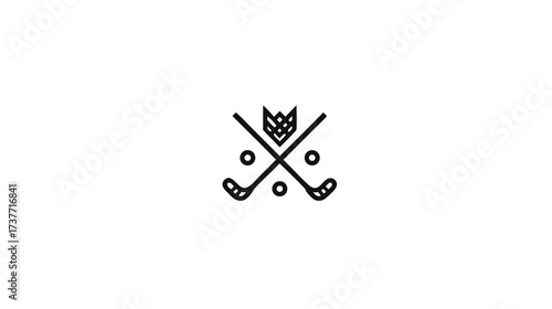 Minimalist hockey icon with crossed sticks, pucks, and a crown. Black and white line art graphic design for sports and games.