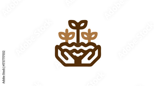 Hands cradling new plant sprouts in soil icon, symbolizing growth, nature, care, farming, and environmental protection.