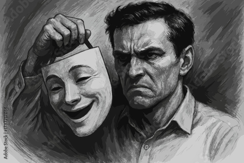 Depression Hidden Behind a Happy Mask – Mental Health Concept Illustration