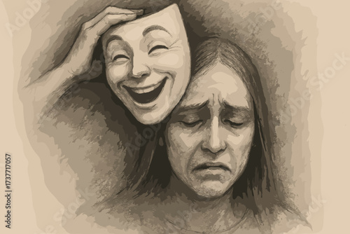 Depression Hidden Behind a Happy Mask – Mental Health Concept Illustration