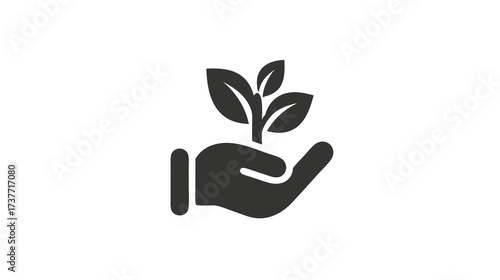 Generic icon of a hand holding a small plant with leaves, symbolizing growth, nature care, sustainability, and environmental protection.