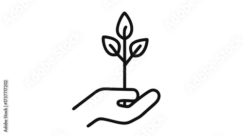 Minimalist line art icon of a hand holding a growing plant sprout. Symbolizing sustainability, nature, growth, and environmental care.