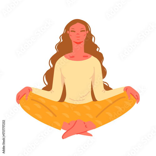 Young woman doing yoga, meditating in lotus pose. Calm and relax woman. Trendy vector isolated on transparent background.