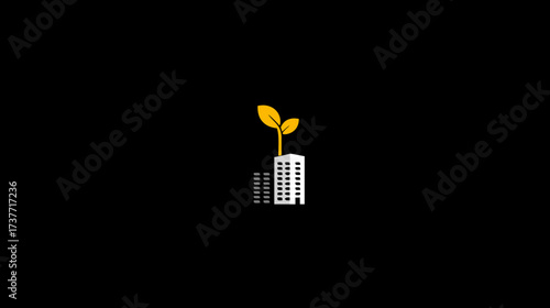 Sustainable building concept with golden plant sprout. Eco-friendly urban development, green business growth, and environmental awareness.