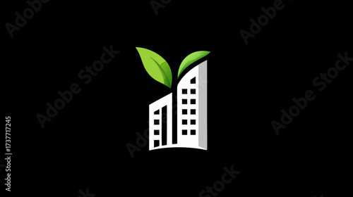 Green building architecture logo concept. Sustainable urban development with growing leaves. Eco-friendly modern city design.