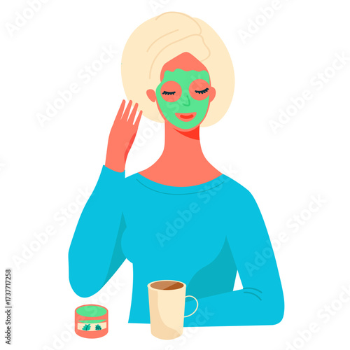 Relaxing spa day at home complete with a revitalizing face mask and hot tea. Trendy vector isolated on transparent background.