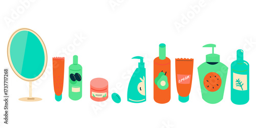 Set of different beauty cosmetic products for body, face and skin care. Bundle of cosmetics items in bottles, tubes and jars. Trendy vector isolated on transparent background.